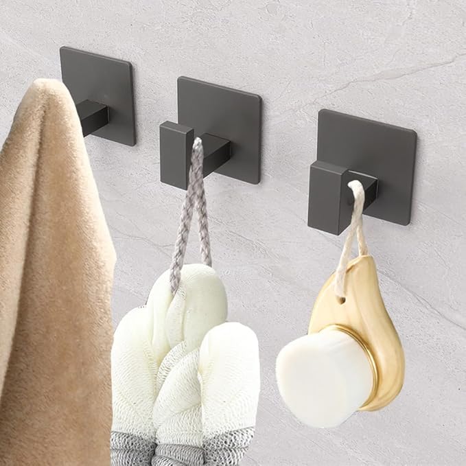 Bath Towel Hooks, 6 Pack Self Adhesive Square Coat Hooks, Sturdy No Drilling Robe Hook, Heavy Duty Aluminum Clothes Hanger, Wall Hooks for Bathroom Bedroom Kitchen (2 in, Grey)