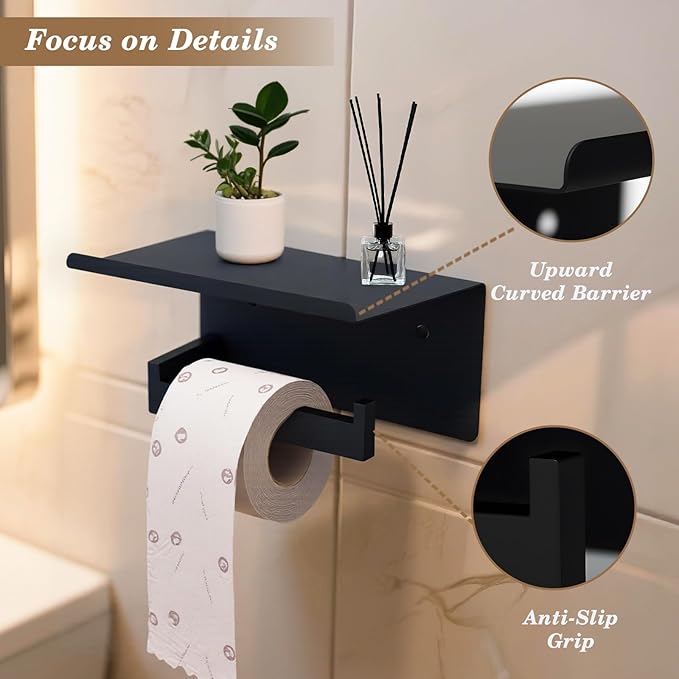 Black Toilet Paper Holder with Shelf, Wall Mount Bathroom Tissue Roll Holder Organizer, Modern Storage Shelf for Phone, Book, Plant, Extra Roll, Matte Black Finish, Easy Install