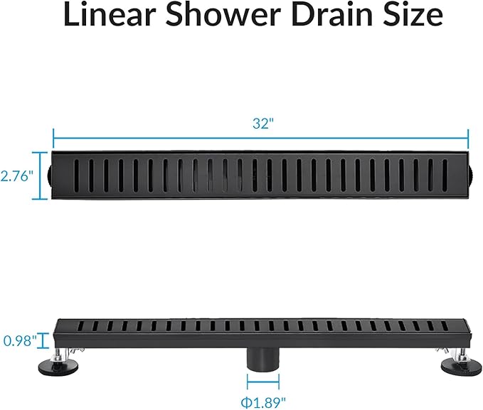 32 Inch Linear Shower Drain Bathroom Kitchen Matte Black Floor Drain Removable Capsule Pattern Cover Accessories Shower Drain 304 Stainless Steel Drain with Hair Strainer Adjustable Leveling Feet