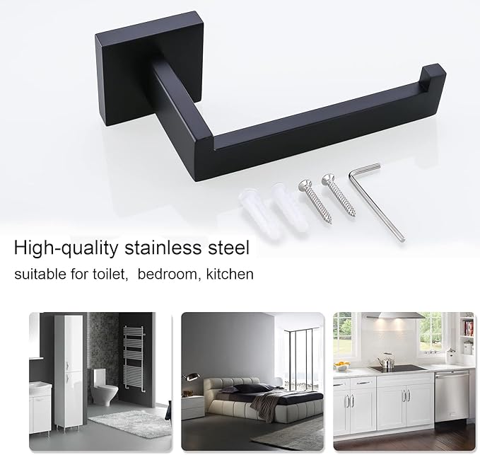 TQKAG Matte Black Toilet Paper Holder SUS304 Stainless Steel, Modern Square Tissue Roll Holders Wall Mount, Toilet Paper Roll Dispenser for Kitchen Washroom