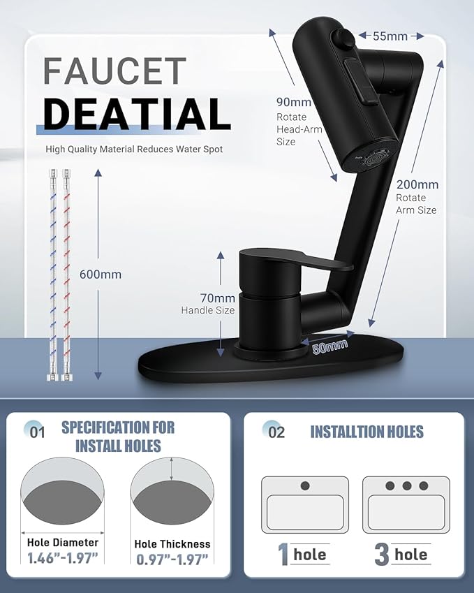 Single Handle Bathroom Faucet, 1080° Swivel Rotatable Faucet with 6'' Deck Plate, Short Bath Sink Faucets for Kitchen Rv Bath Lavatory Sink 1 or 3 Hole, Matte Black