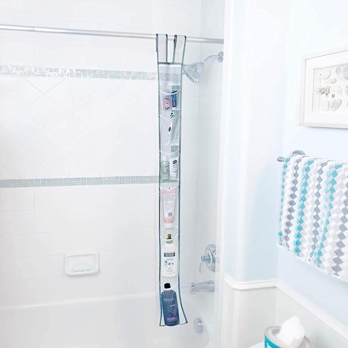 Skywin TidyFriend Shower Liner With Pockets -57 x 6 Inches, Hanging Mesh Shower Caddy with 7 Pockets, 100% Polyester Mesh Fabric, Adjustable Velcro Strap or Hook