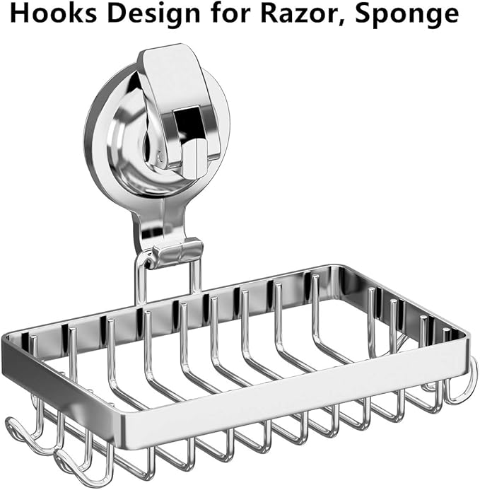 Soap Holder Shower, Suction Cup Soap Dish for Shower with 4 Hooks, 304 Stainless Steel, Silver