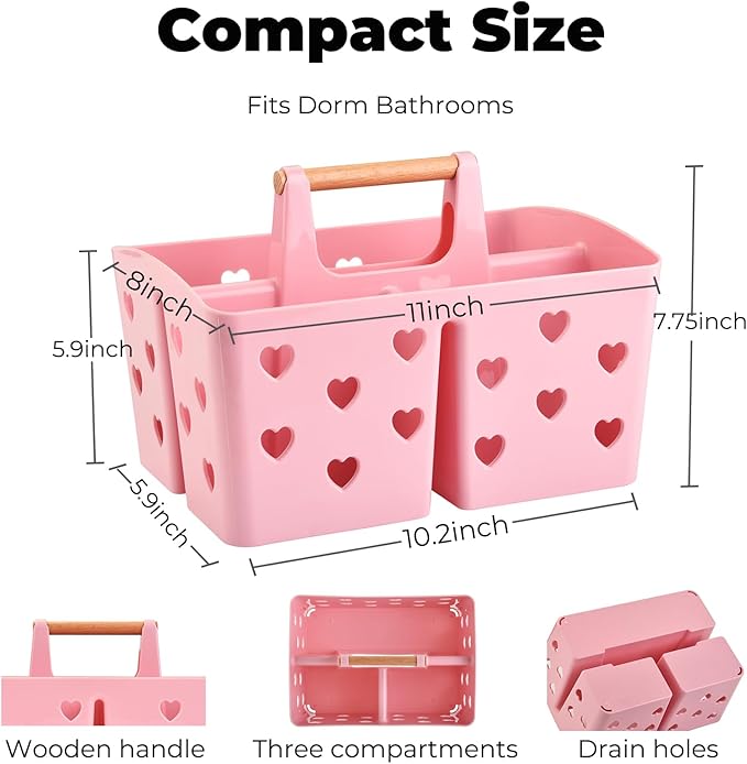 Pink Portable Shower Caddy with Handle, Large Plastic Shower Basket Organizer for College Dorm Room Essentials, Bathroom, Gym, Camping, Non-Slip Drainage Design for Toiletries & Cleaning Supplies