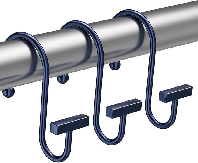 Navy Blue Shower Curtain Hooks, Bathway Shower Curtain Rings Rust Proof, 12PCS Shower Hooks for Shower Curtain, T-Bar Design Convenient Elegant Shower Curtain Hangers for Bathroom Kitchen Wardrobe