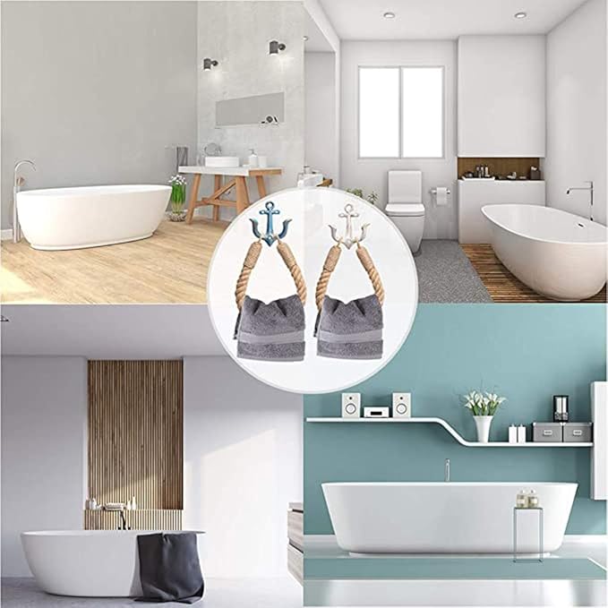2 Pcs Nautical Toilet Paper Holder Rustic-Industrial Wall-Mounted Nautical Toilet Paper Towel Ring with Metal Hook for Bathroom Decor(Blue+White)