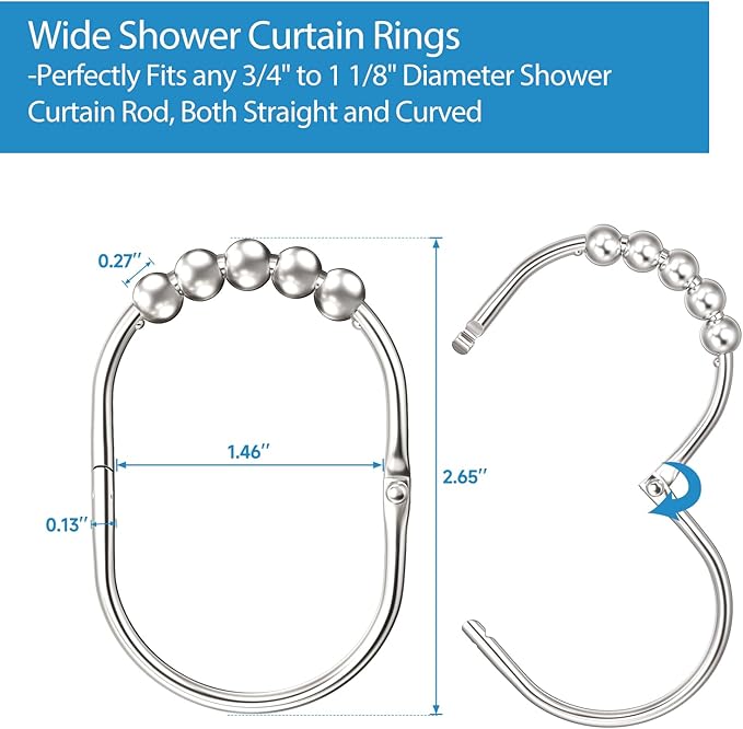 12PCS Wide Shower Curtain Hooks, Rust Proof Stainless Steel Shower Curtain Rings, Heavy Duty Shower Hooks for Bathroom Shower Rods Curtains, Easy Glide Rollers, Set of 12, Bright Chrome