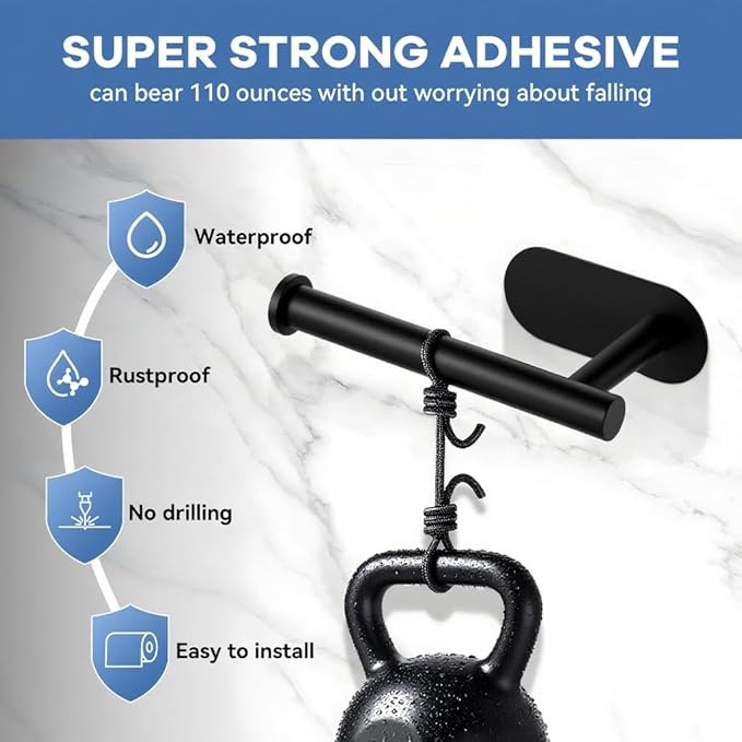2 Packs Toilet Paper Holder No-Drill Self-Adhesive Towel Rack Stainless Steel Waterproof Rustproof Roll Paper Holder for Bathroom Washroom RVs (Black)