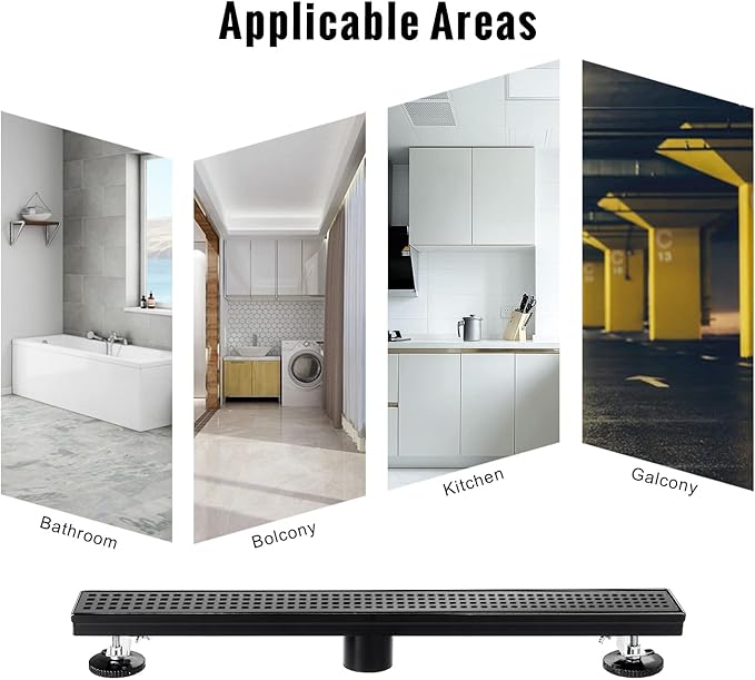 SaniteModar Linear Shower Drain, Black Shower Drain 18 inch with Square Hole Panel, Matte Black Linear Drain with Hair Strainer and Leveling feet