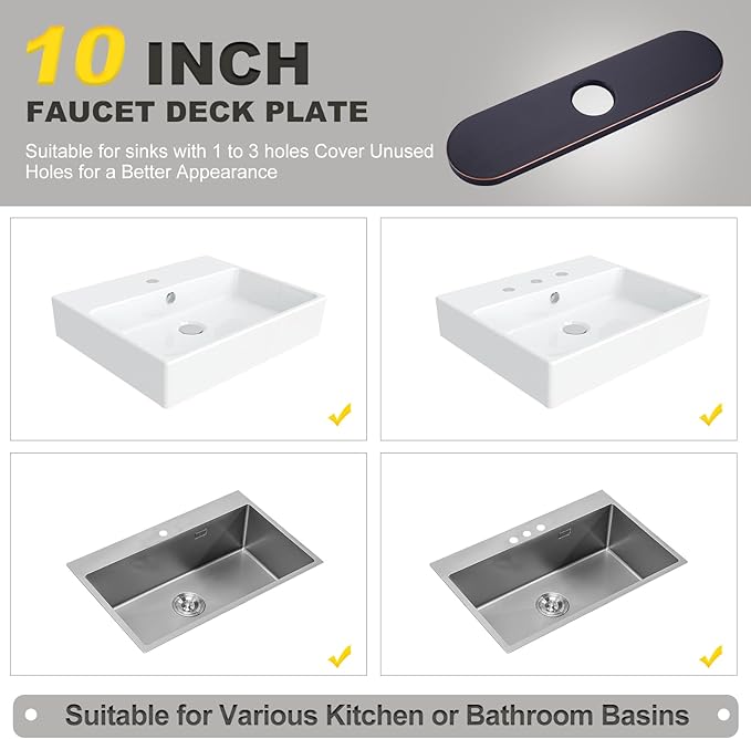 10" Sink Faucet Hole Cover Deck Plate (Arc Edge) for Kitchen & Bathroom Vanity Sink, Faucet Oil Rubbed Bronze Escutcheon Plate Stainless Steel Outside Faucet Cover Cap for 1 or 3 Hole Mixer Tap