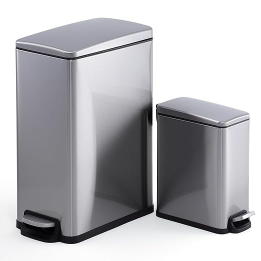 Garvee 12 Gal and 2.6 Gal Stainless Steel Trash Can Combo Set, Slim Garbage Can for Kitchen and Bathroom, Metal Trash Bin with Removable Inner Bucket & Step On Foot Pedal, Silver