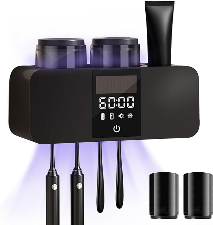 Toothbrush Cleaner & Wall Mounted Toothbrush Holders,Cleaning and Air Drying LED Smart Screen and Timer Function Rechargeable Cordless Tooth Brushing Holder for Bathrooms(Black)