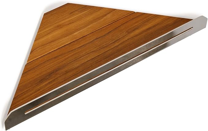 Seachrome Corner Shower Shelf in a Polished Finish with a Natural Teak Wood Insert