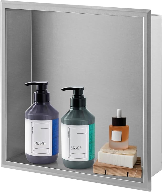 16"×16" Shower Niche Brushed Stainless Steel, Recessed Shower Caddy, Bathroom Shelf Insert Fits for 14-3/4" Square Wall Hole Installation (Nickel)