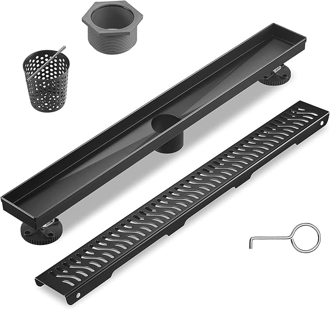 Sharp-tec Linear Shower Drain, 28 inch Shower Drain with Removable Pattern Cover, Matte Black 304 Stainless Steel Rectangle Floor Drain, Adjustable Feet and Hair Strainer Included