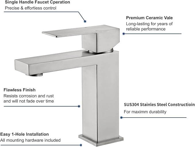 Brushed Nickel Bathroom Sink Faucets One Hole Sink Faucet Single Handle 1 Hole Vanity SUS304 Stainless Steel Faucet for Bathroom Sink Bathroom Faucets, SF3-BN