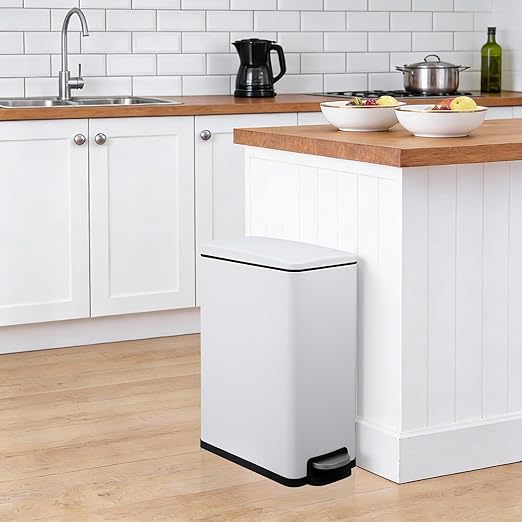 Garvee 12 Gal and 2.6 Gal Stainless Steel Trash Can Combo Set, Slim Garbage Can for Kitchen and Bathroom, Metal Trash Bin with Removable Inner Bucket & Step On Foot Pedal, White