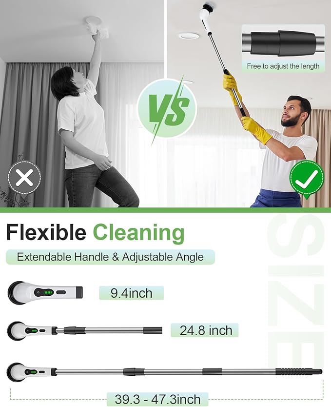 Electric Spin Scrubber, Cordless Cleaning Brush, Shower Scrubber IPX7 Waterproof Bathroom Scrubber, Adjustable Extension Handle, Floor Polishers 7 Heads 2H Power Dual Speed for Floor Car Cleaning.