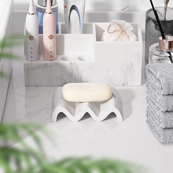 Luxspire Soap Dish, Marble Soap Dish, Self-draining Tray, Soap Holder Saver for Shower, Bathroom, Sink, Kitchen and Countertop, Gravel White