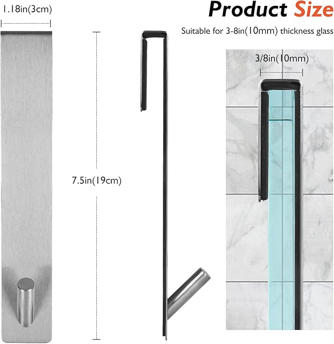 Shower Door Hooks(7.5 Inch),Extended Over Door Hooks for Bathroom Frameless Glass Shower Door,Stainless Steel Towel Hooks,Heavy Duty Rack Hooks for Robe,Towel-4 Pack-Silver