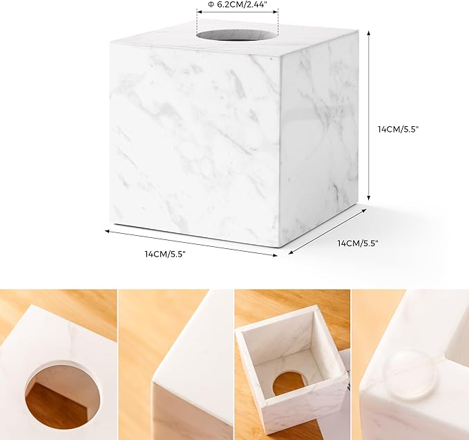 Natural Marble Tissue Box Holder Cover, Square Cube Tissue Box Holder with Open Bottom for Bathroom Vanity Tops, Bedroom Dressers, Kitchen Countertop, White Tissue Box(NS021)