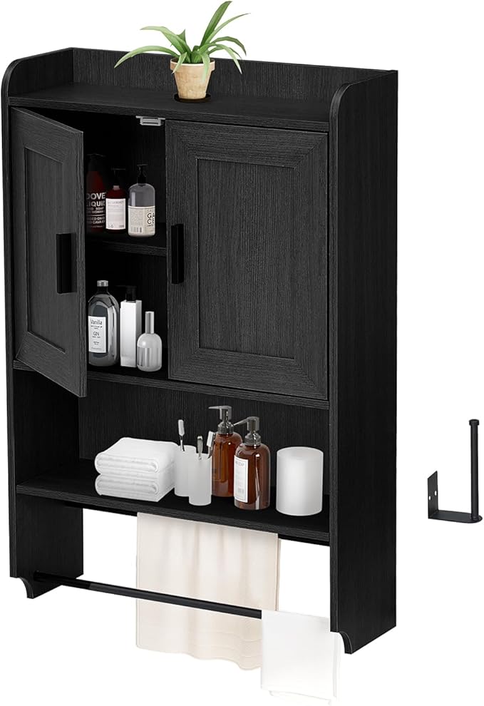 Bathroom Wall Cabinet, Wooden Medicine Cabinet Over the Toilet with Adjustable Inner Shelf, Wall Mounted Cabinet with Doors for Bathroom Storage, Hanging Cabinet for Wall with Towels Bar (Black)