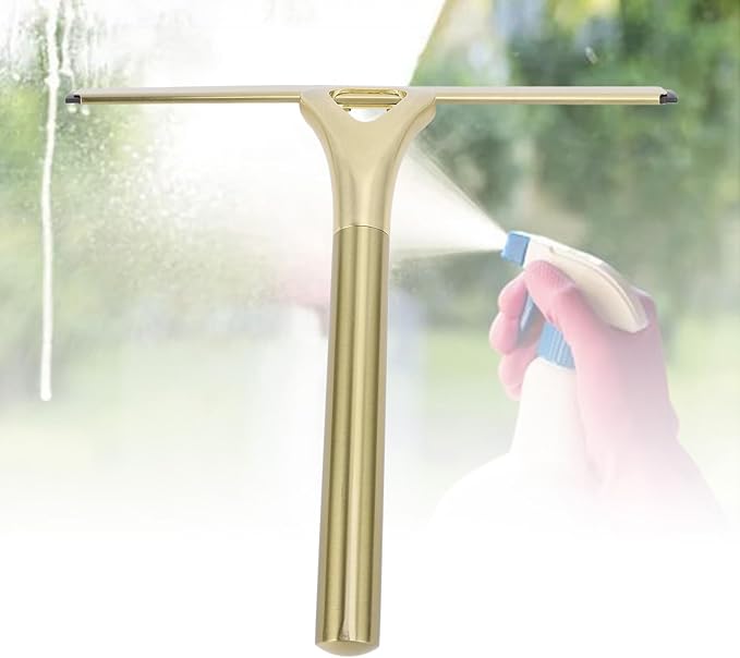 304 Stainless Steel Silicon Shower Squeegee Scrubber, Multifuntional Bathroom Cleaner Wiper for Shower Glass Door with Adhesive Hook, Mirrors, Bathrooms,Kitchens (Gold)