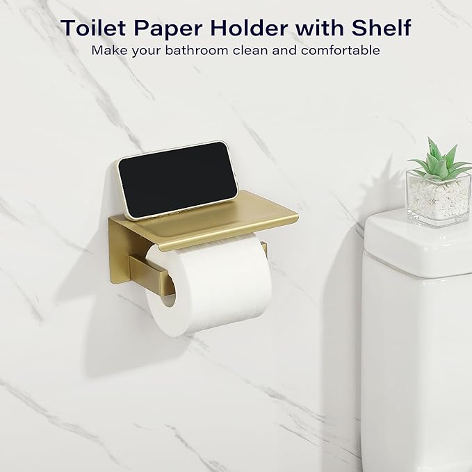 Alise Toilet Paper Holder,Bathroom Tissue Holder with Shelf,SUS304 Stainless Steel Toilet Paper Roll Holder Storage Dispenser,Self Adhesive or Wall Mount Drilling Paper Rack, Gold GYT5000-G