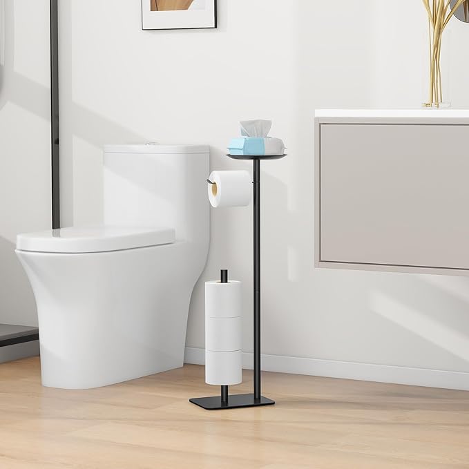 Toilet Paper Holder Stand for Bathroom Floor Standing Toilet Roll Dispenser Storages 4 Reserve Rolls, with Top Storage Shelf for Cell Phones, Wipe, Wallet and More(Black)