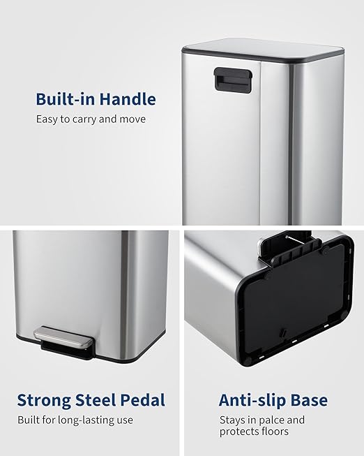 Garvee Space-Saving Office Trash Can, 4.8 Gallon Trash Can with Soft-Close Lid, Foot Pedal & Removable Inner Bucket, Rectangular Stainless Steel Garbage Can for Small Kitchen, Home, Garage, Silver