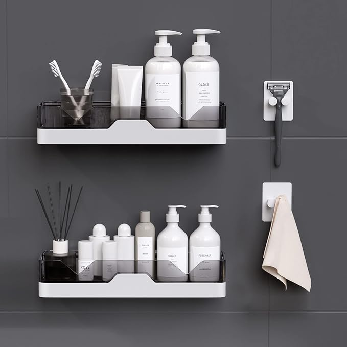 2-Pack Adhesive Shower Caddy, Shower Shelves with Hooks, No Drilling Shower Racks for inside shower & Kitchen Storage