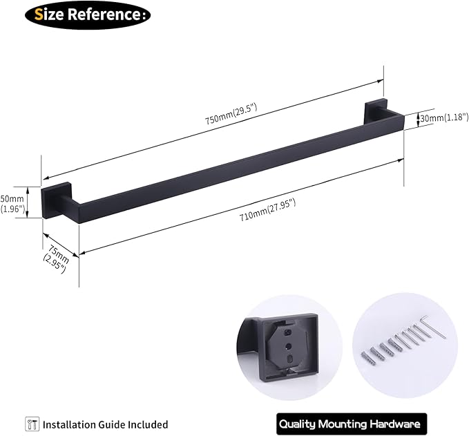 GERZWY 30-Inch Bath Towel Bar Modern Square Style Bathroom Towel Bar SUS 304 Stainless Steel Wall Mount Matte Black FG160175-BK
