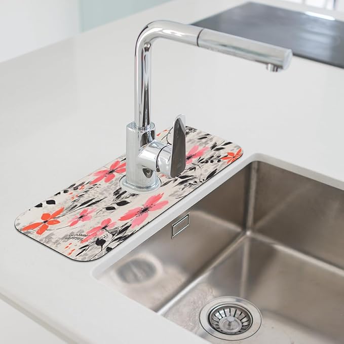 Gray Background Floral Kitchen Faucet Mat Splash Guard, 15.4”x5.7” Absorbent Quick Drying Sink Mat for Countertop Protection, Draining Mat Sink Protectors For Kitchen Bathroom, 2 Pack