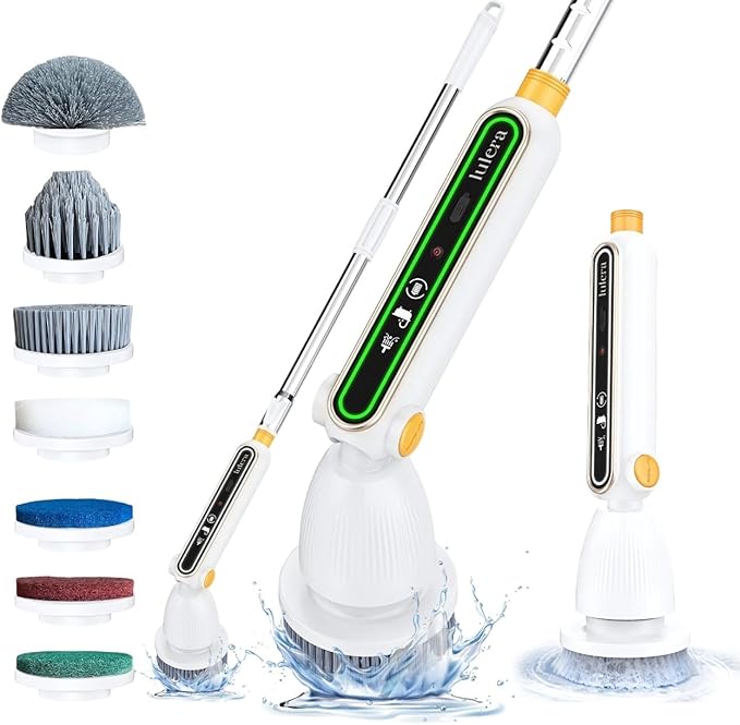 Smart Electric Spin Scrubber PRO| 2025 New Upgraded Quiet Cordless Shower Scrubber with 8 Replaceable Brush Heads|IPX7 Waterproof for Bathroom Tile Grout Kitchen Oven & Floor|Powerful and Efficient