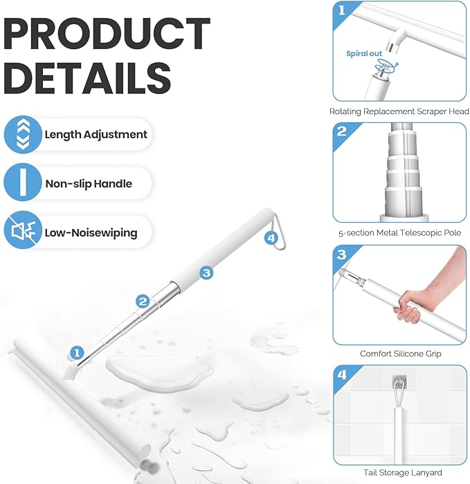 Shower Squeegee Shower for Shower Glass Doors, Squeegee Window Cleaning, 47'' Telescopic Window Washing Kit, Window Cleaning Kit,Professional Window Squeegee, Squeegee Broom Floor (White)