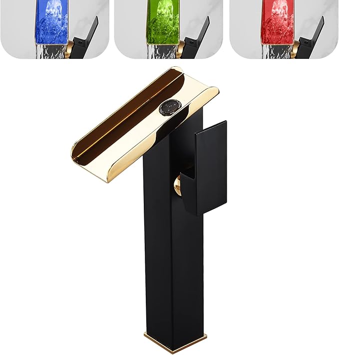 Bathroom Vessel Sink Faucet LED Light Black Gold,Hydropower LED 3 Colors Changing Waterfall Spout, Hot and Cold Water Mixer, Single Handle Single Hole Commercial Residential Bathroom Tap Faucet