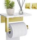 Toilet Paper Holder with Marble Shelf, SUS304 Brushed Gold Stainless Steel Wall Mounted Natural Marble Toilet Paper Holder and 2PCS Adhesive Hooks for Bathroom Washroom