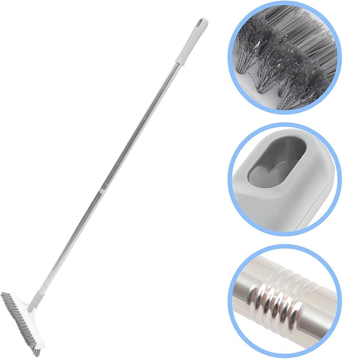 Upgraded Floor Scrub Brush with Long Handle for Bathroom and Tile Cleaning Plastic Construction Dual-Sided Design for Grout and Corner Scrubbing Hanging for Easy Storage White-Grey