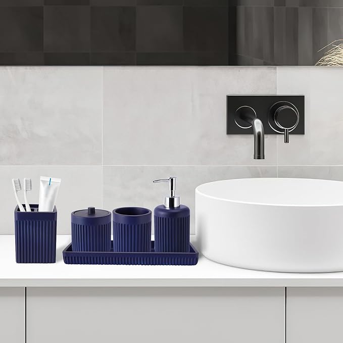 Resin Navy Blue Bathroom Accessories Set 5 Pcs, Lotion Soap Dispenser, Toothbrush Holder, Bathroom Tumbler, Qtip Holder and Vanity Tray, Bathroom Countertop Organizer Set for Modern Apartment