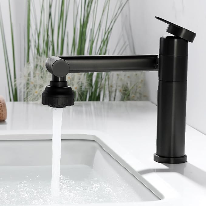 Black Bathroom Faucet 1080 Degree Swivel Lavatory Basin Sink Faucet 1 Handle Big Angle Spray Aerator Spout Extender Universal Rotating Splash Filter 2 Water Outlet Modes