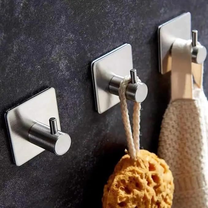 4-Pack Adhesive Hooks – Heavy Duty Stainless Steel Stick-On Wall Hooks for Bathroom, Kitchen, Doors, and Cabinets – Waterproof, Rust-Resistant, No Drill Required (Black/Silver)