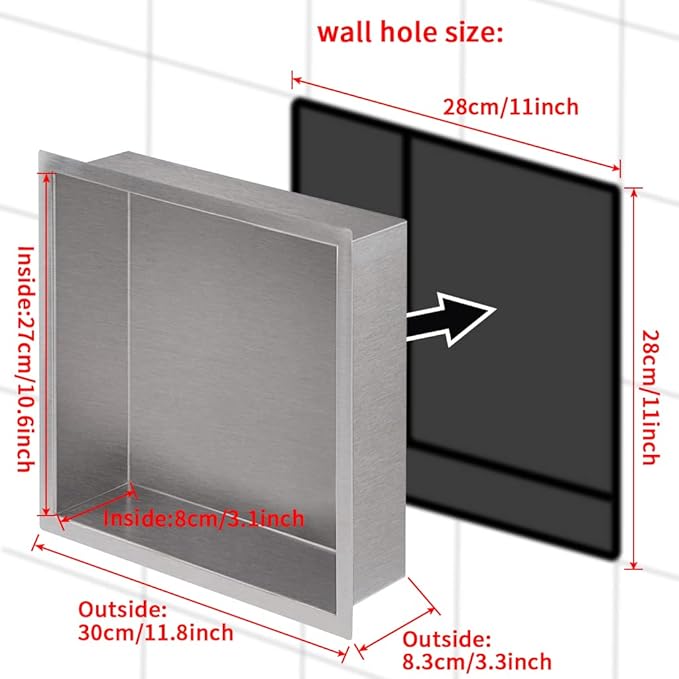 12"×12" Shower Niche Brushed Stainless Steel, Recessed Shower Caddy, Bathroom Shelf Insert Fits for 11"x11" Wall Hole Installation (Nickel)