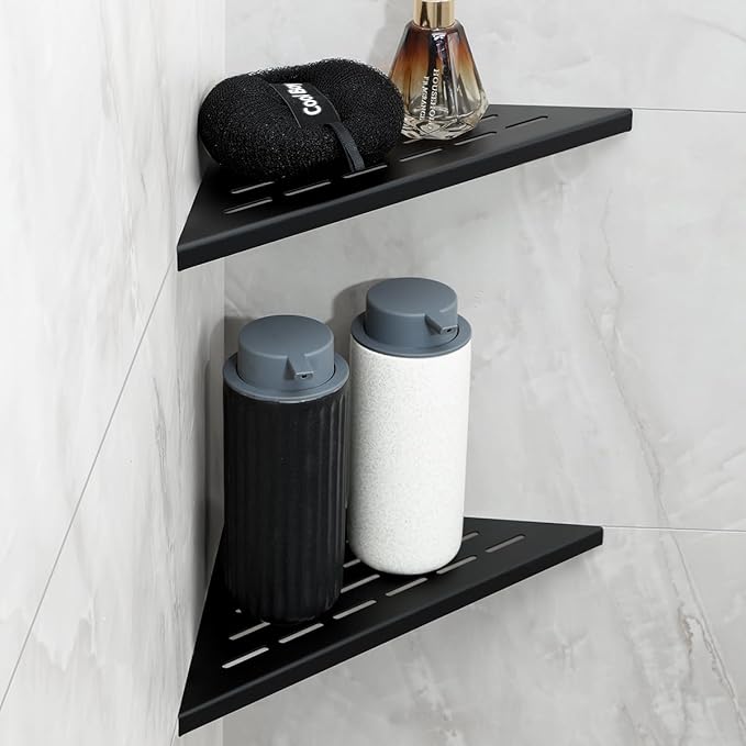 10 Inch No Drilling Corner Shower Shelf Matte Black– 2-Pack Wall Mounted Bathroom Shelves for Inside Shower, Triangular Recessed Shower Caddy, Stainless Steel Shower Organizer for Tiled Walls