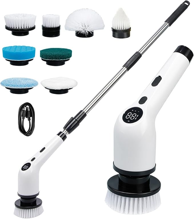 Electric Scrubber Brush for Cleaning with 8 Replaceable Brush Heads, 400 and 500 RPM Electric Cleaning Brush, Electric Rotating Brush for Shower, Floor,B