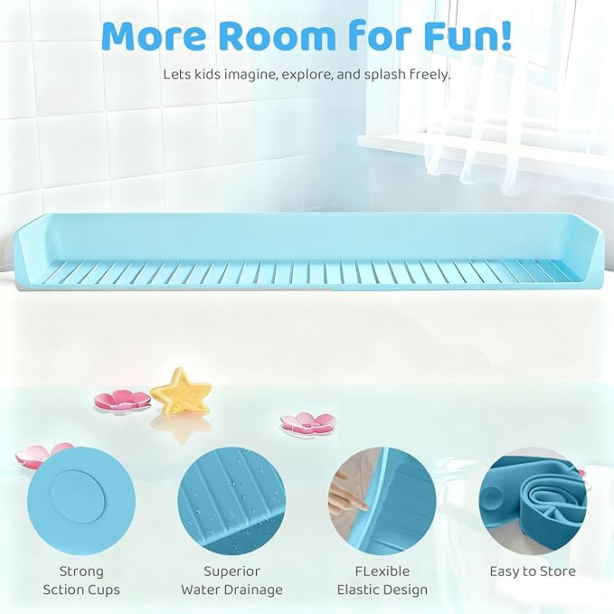 Bathtub Splash Guard for Tub Kids, Longer Silicone Water Splash Guard for Bathtub, Toy Holder Play Shelf for Bathtime，Silicone Tub Splash Guard Prevent Water Spills in Bathroom (Blue)