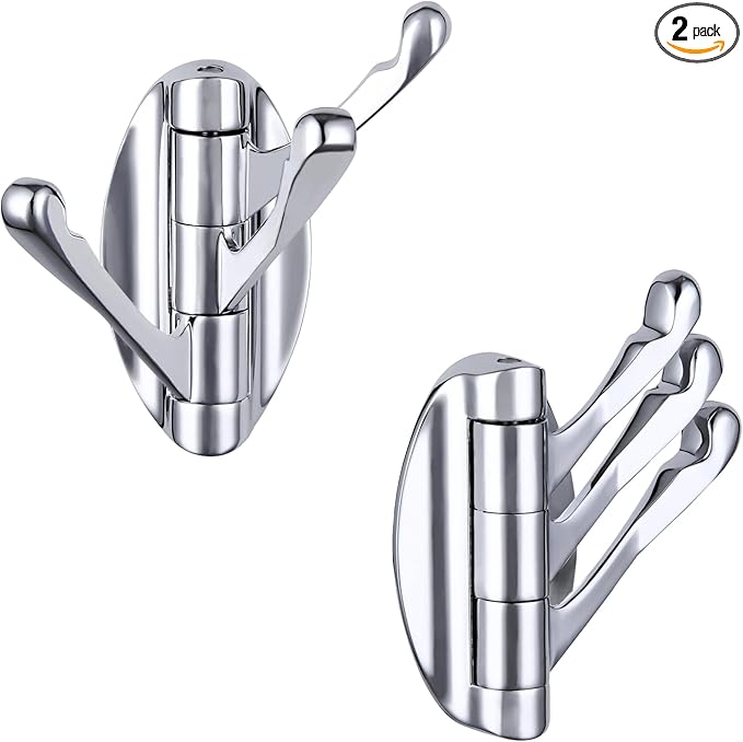 APLusee Swivel Chrome Robe Hook 2 PCS, Metal Foldable Towel Holder with Triple Rotating Arms, Heavy Duty Bathroom Kitchen Coat Hanger Wall Mounted