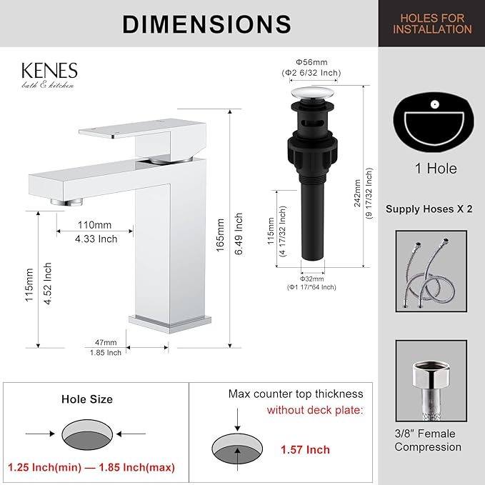 KENES Chrome Bathroom Faucet Single Handle Bathroom Sink Faucet Lavatory Vanity Faucet with Pop Up Drain & Water Supply Lines LJ-9031-5