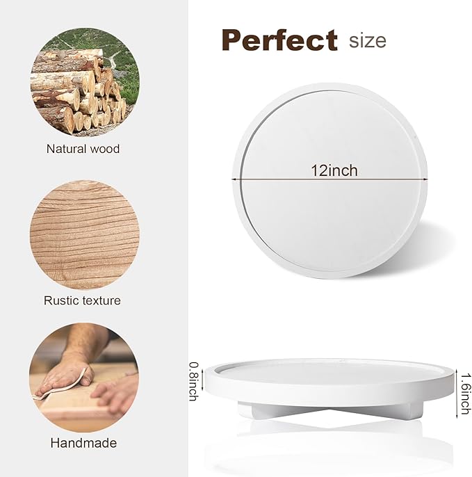 Round Decorative Tray Wood Bathroom Counter Organizer Farmhouse Kitchen Decor Wooden Riser for Soap Dish, Perfume, Candle, Sponge, 12" - White
