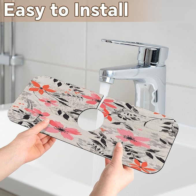 Gray Background Floral Kitchen Faucet Mat Splash Guard, 15.4”x5.7” Absorbent Quick Drying Sink Mat for Countertop Protection, Draining Mat Sink Protectors For Kitchen Bathroom, 1 Pack