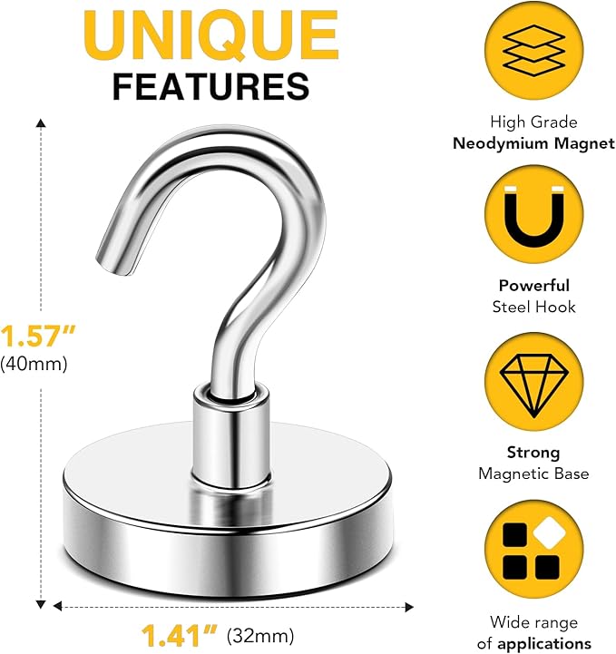 DIYMAG Magnetic Hooks, 170 LB Heavy Duty Strong Magnet with Hook, Rare Earth Neodymium Magnets for Hanging, Magnetics Hanger for Curtain, Home, Kitchen, Workplace, 10 Packs